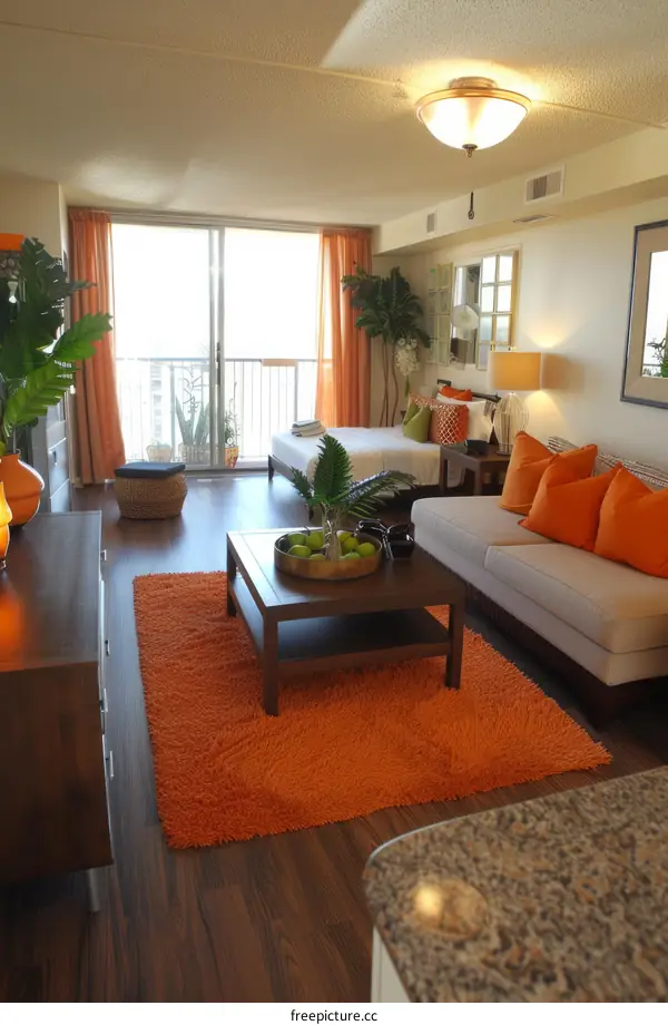 Modern apartment living room with orange accents