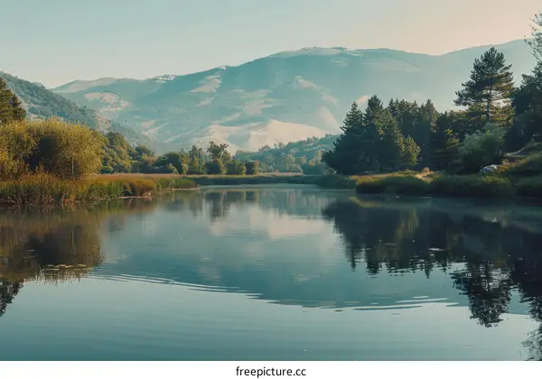 The river flows through the valley in the mountains