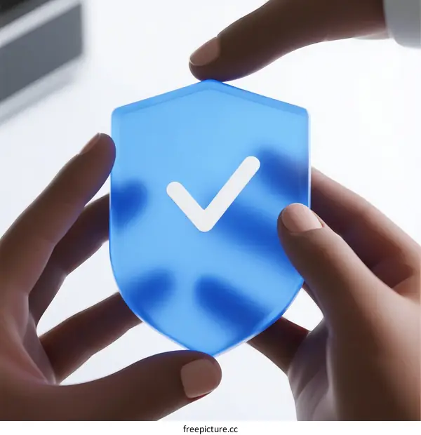 Hands Holding Blue Shield with Check Mark Symbol