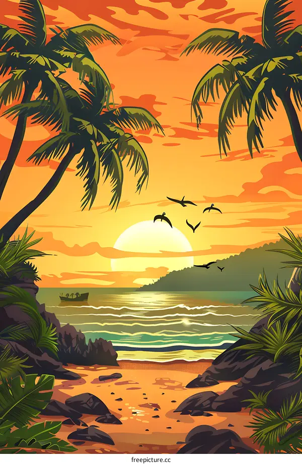 Tropical Sunset Beach With Palm Trees