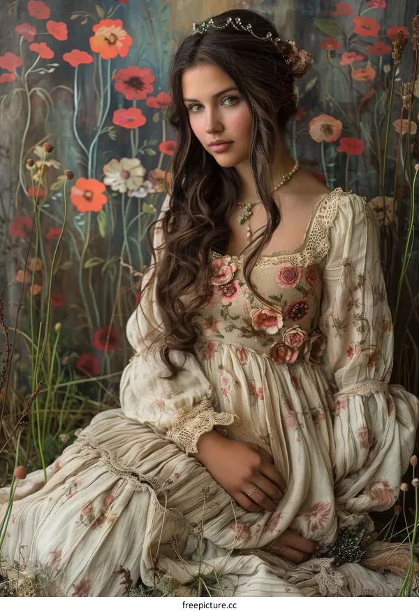 Vintage Floral Portrait of a Young Woman