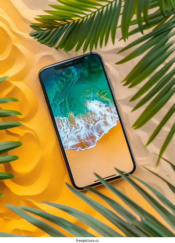 Smartphone On Beach Sand With Palm Leaves