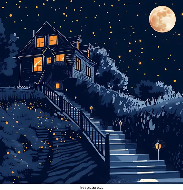 Night Illustration with House, Moon, and Stars