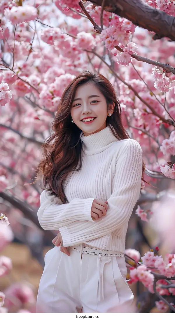 Asian woman smiling in a field of cherry blossoms