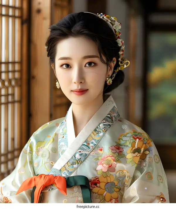 Portrait of a young woman in traditional Korean dress, or Hanbok