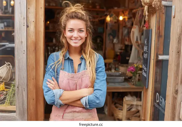 Female Shop Owner Standing at Wooden Shop Entrance
