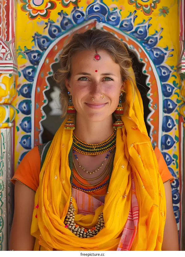 Portrait of a Woman Wearing Traditional Indian Jewelry