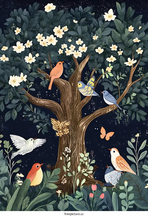 Night Sky with Birds and Flowers