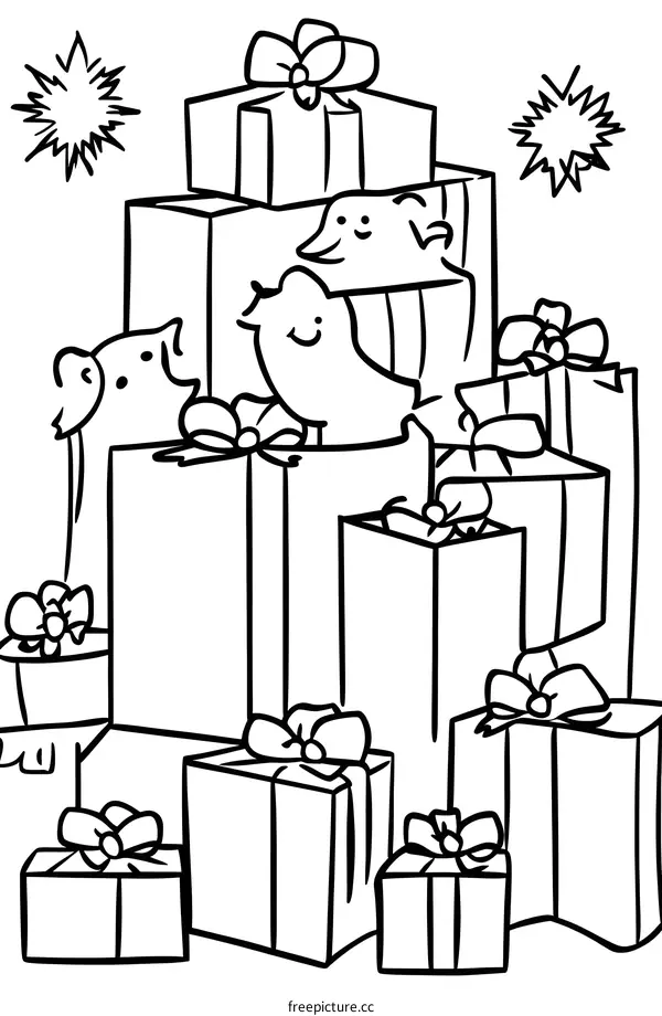 Cute Animals and Presents Coloring Page