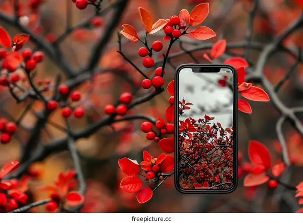 Red Berries on a Branch with Phone Displaying Similar Image