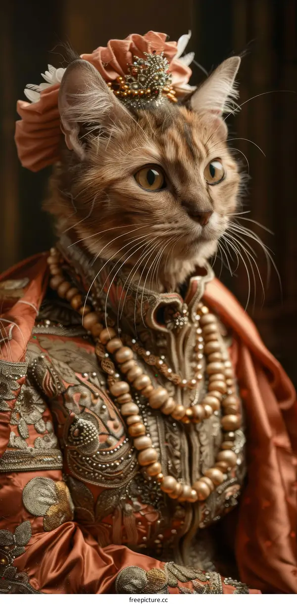 portrait of a cat wearing a fancy dress