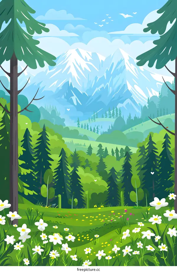 Spring Landscape Illustration with Mountains, Forest and Flowers