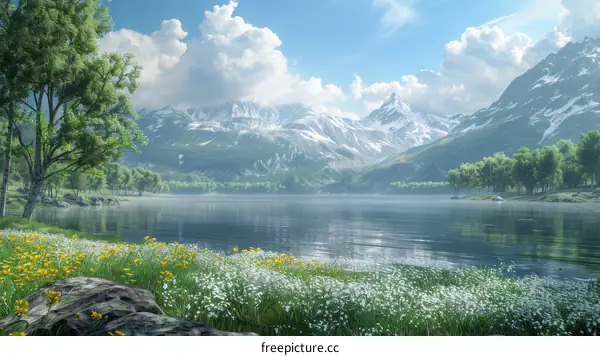 Majestic Mountain Landscape with Serene Lake and Blooming Flowers