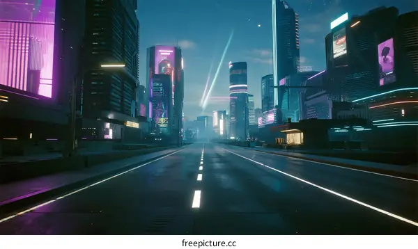 Futuristic Cityscape with Neon Lights and Empty Road at Night
