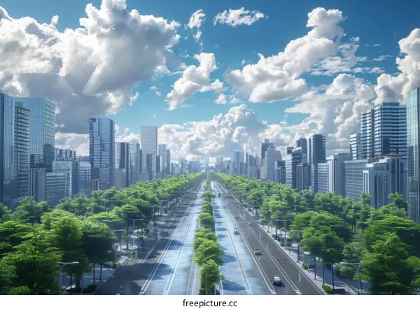 Modern Cityscape with Lush Green Trees