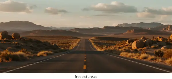 Endless road stretching through a vast desert landscape under a clear sky