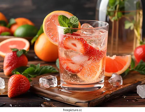 Refreshing summer drink with strawberries, grapefruit and mint