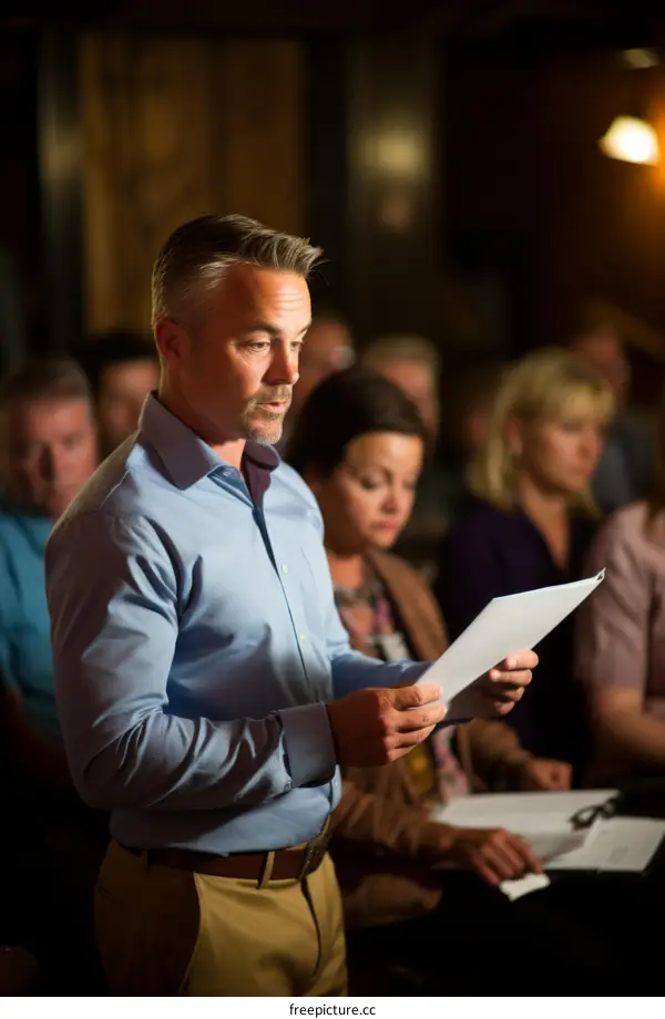 A man reading a document in front of an audience