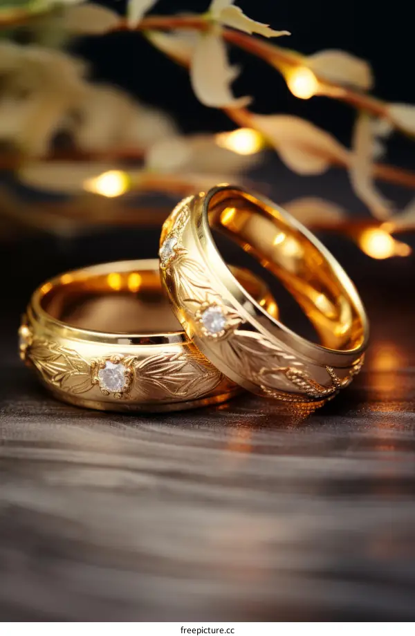 Two Gold Wedding Bands on a Wooden Table with Fairy Lights in the Background
