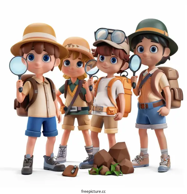 Four young explorers with magnifying glasses