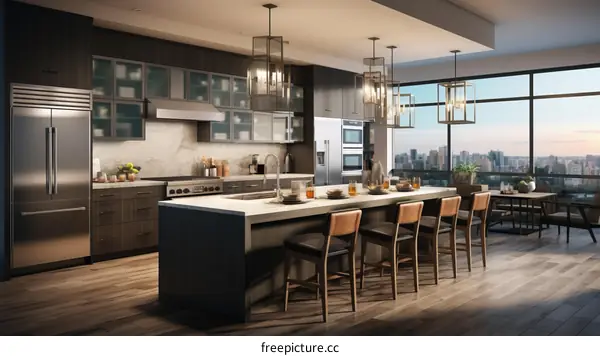 Modern kitchen with a large island and a view of the city