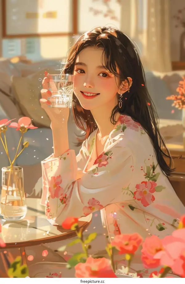 An East Asian woman in a floral dress is drinking water and smiling
