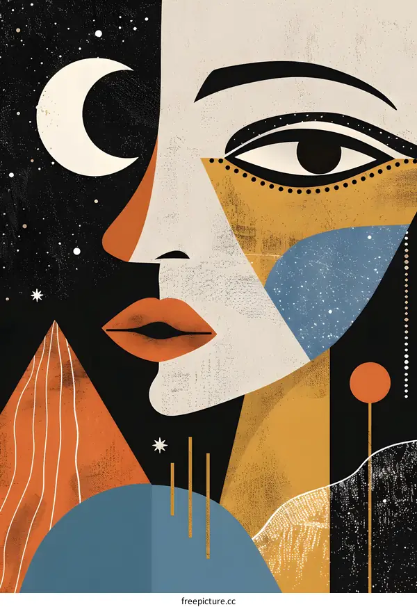 Abstract Art Illustration of a Woman with Stars and Moon