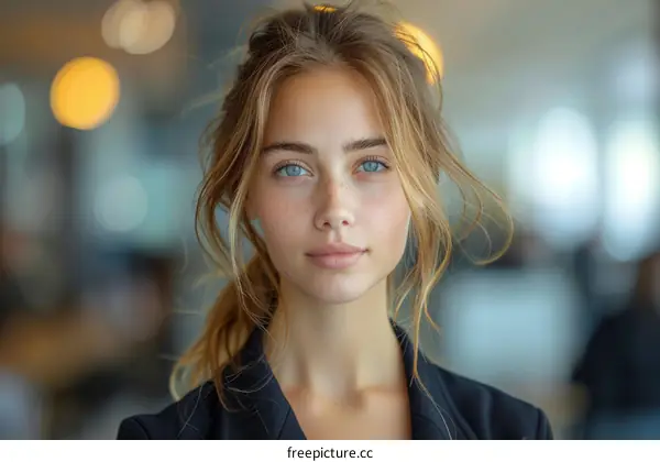 Portrait of a beautiful young woman with blue eyes and freckles