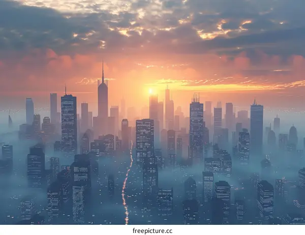 A beautiful sunset over a foggy city