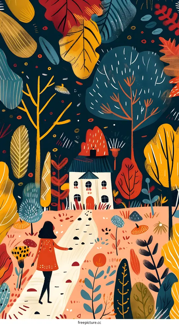 Colorful Illustration of Woman Walking on Path Towards House in Forest