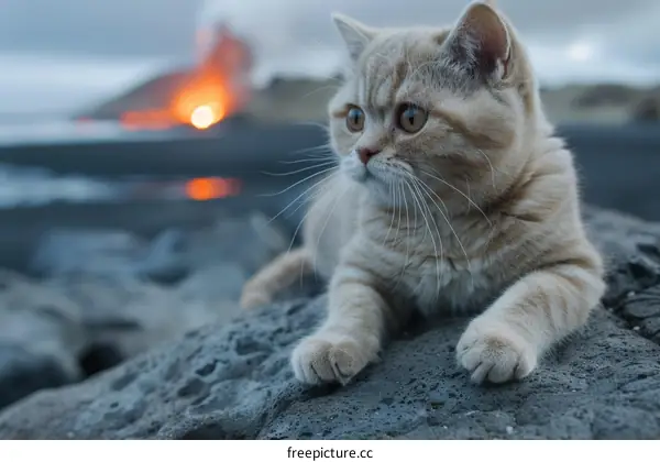 Cat Sits On Rock In Front Of Lava Flow