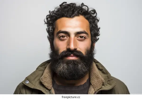 Portrait of a young man with curly hair and a beard