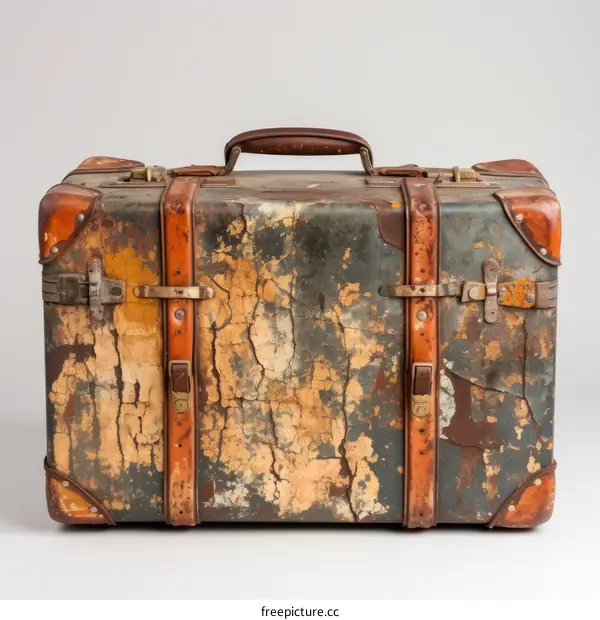 Vintage Brown Suitcase with Peeling Green Paint