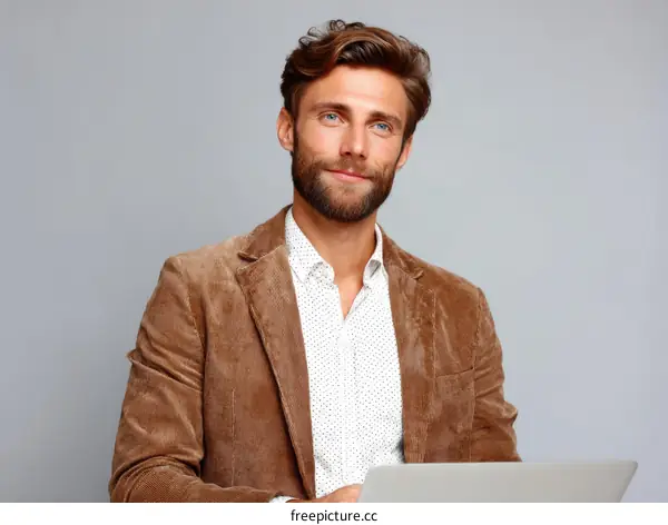 Man in a Brown Corduroy Jacket with Laptop
