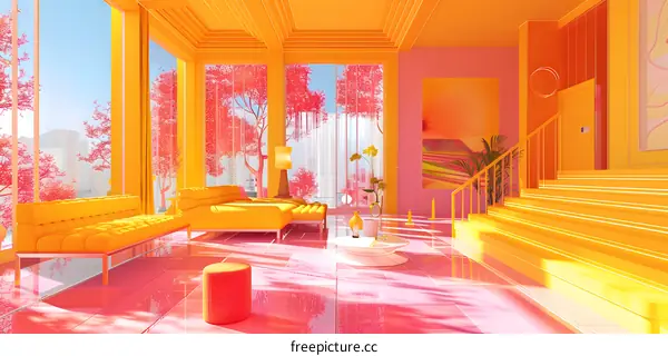 A surreal living room with pink trees outside the windows