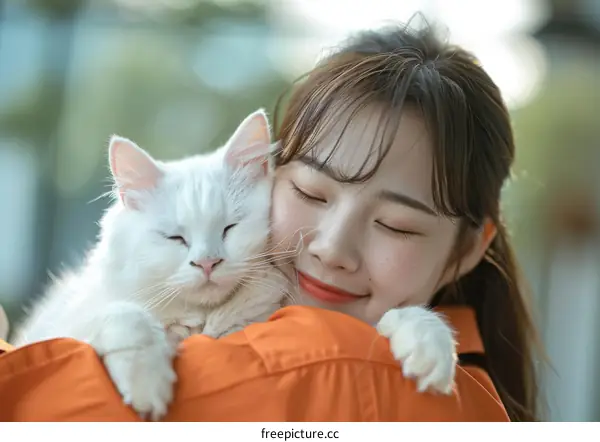 A young woman is hugging a white cat