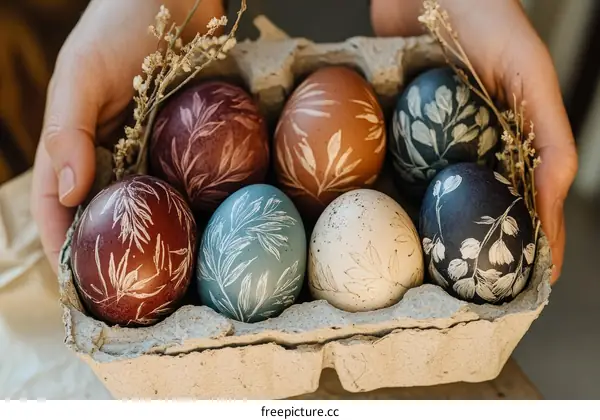 Hand holding Easter eggs decorated with nature patterns