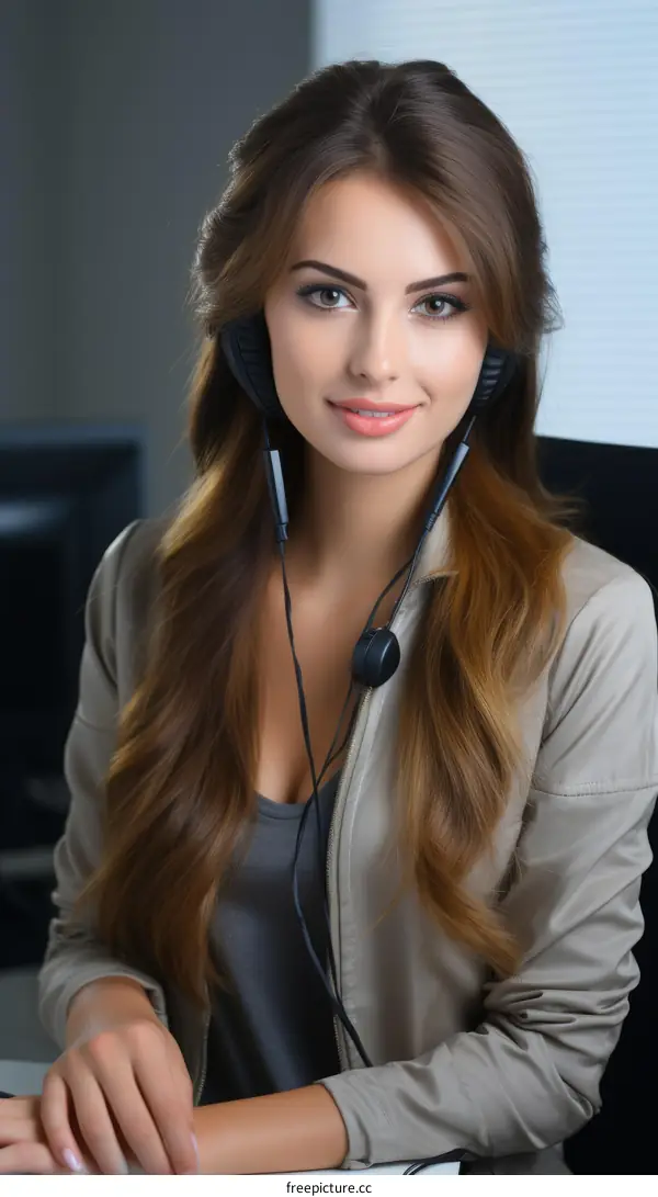 Beautiful young woman with headphones sitting at desk in office
