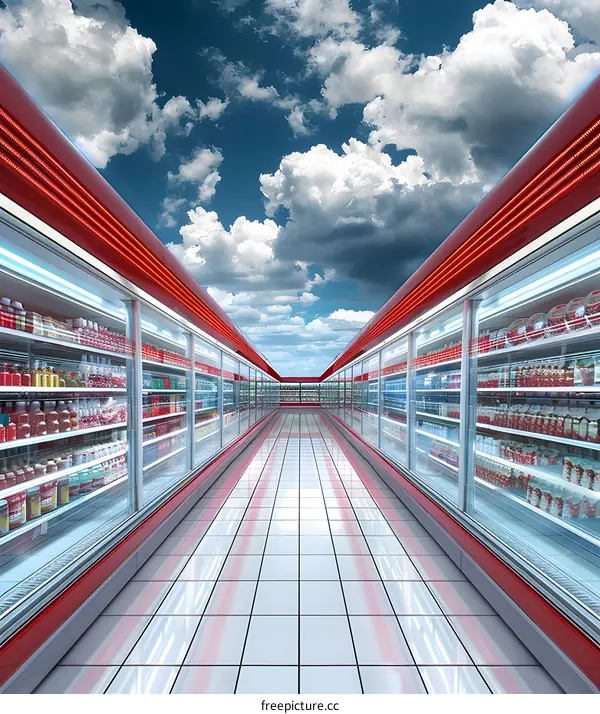 Supermarket Aisle with Red Shelving and Blue Sky
