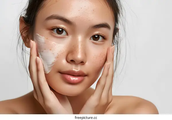 Beautiful Asian Woman Applying Face Cream