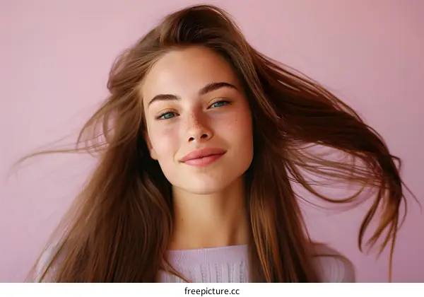 Portrait of a Smiling Woman with Freckles and Long Brown Hair
