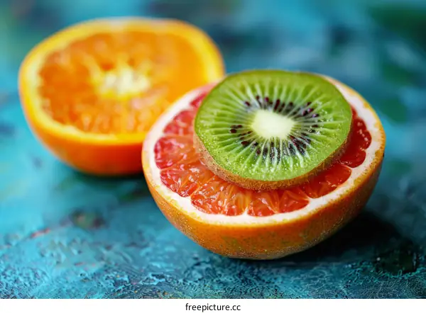 kiwi and blood orange halves on blue background