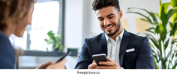 Smiling Businessman Checking His Phone During A Meeting