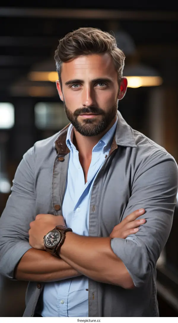 Portrait of a handsome young man with beard and blue eyes
