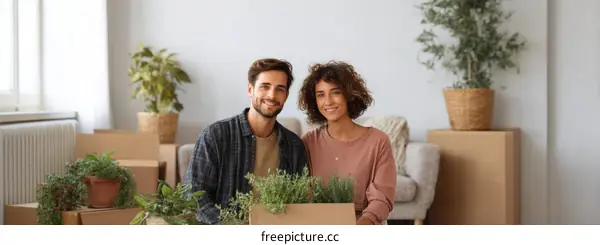 Happy Couple Moving Home with Plants and Boxes