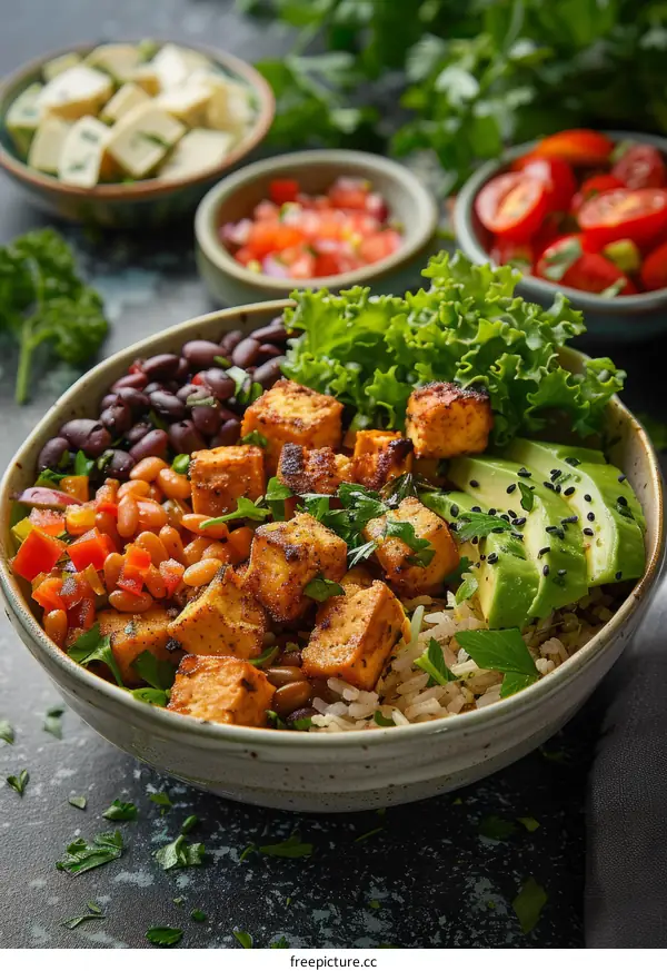 Hearty Vegan Power Bowl with Tofu, Black Beans and Brown Rice