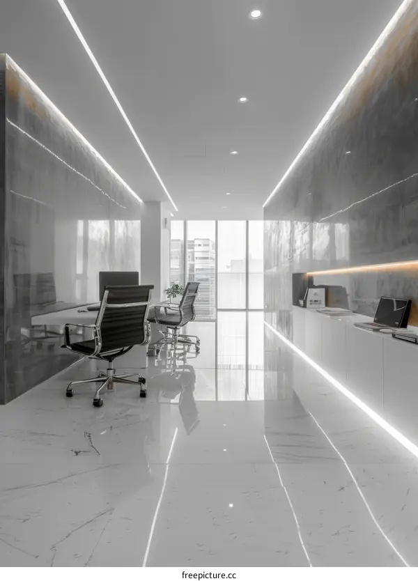 Modern office interior with marble walls and large windows