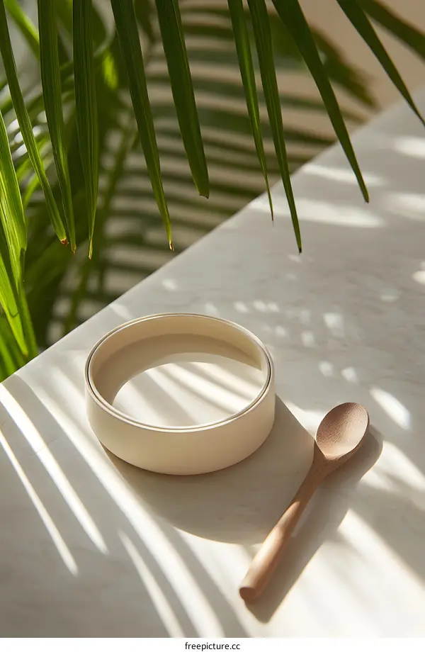 Wooden Spoon and Bowl on White Surface with Palm Leaf Shadow
