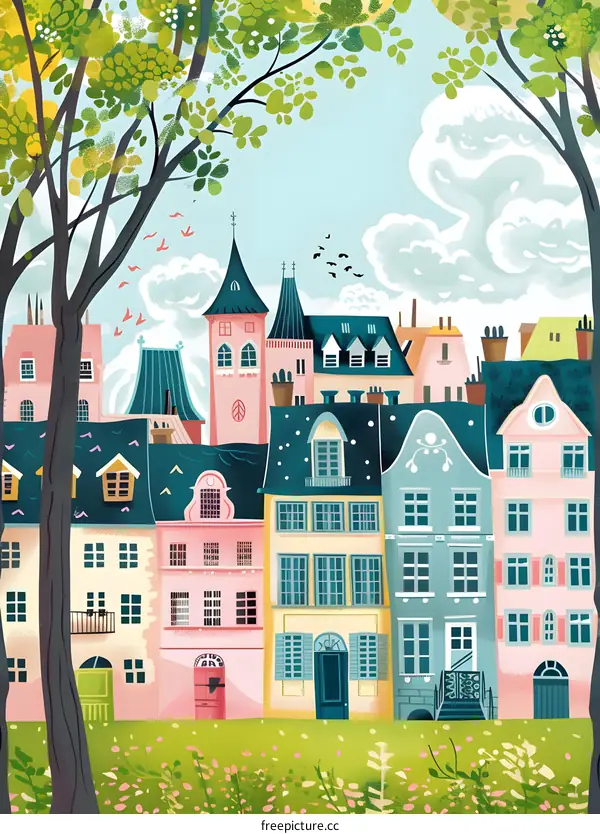 Colorful Illustration Of A European Village