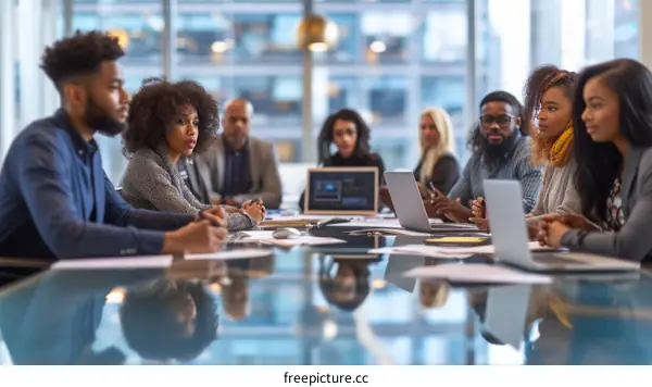 Group of African American business professionals having a meeting in a modern office